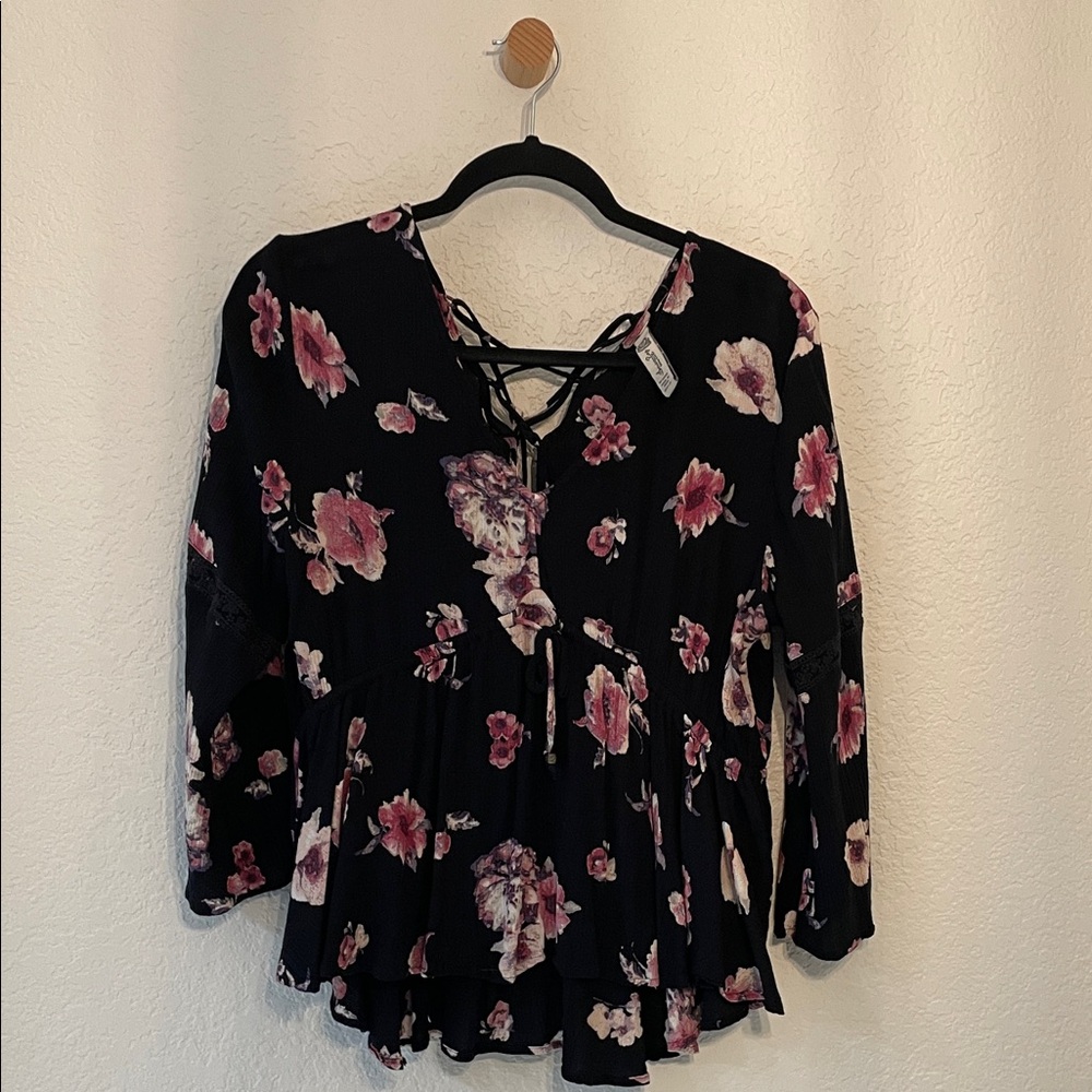 American Rag Black and Pink Floral Blouse